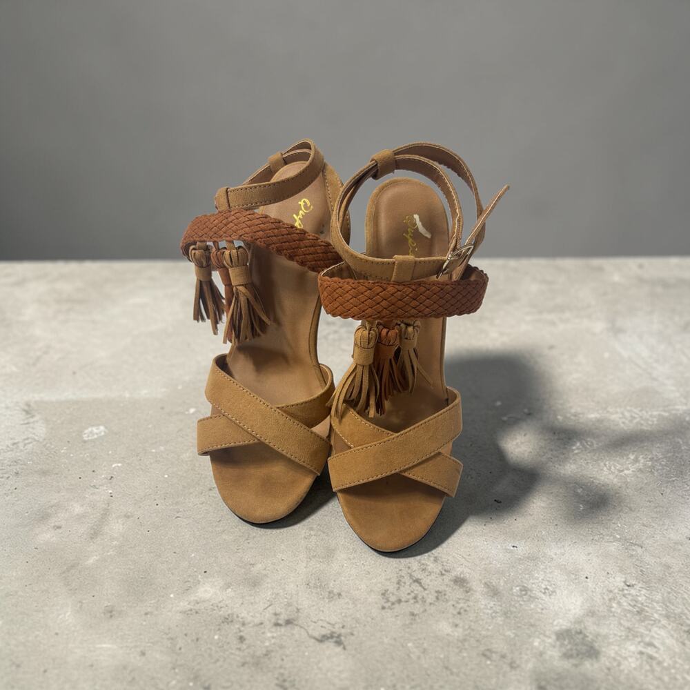 Qupid Tan Faux Suede Tassel Sandals - Braided Ankle Strap Boho Wedge Heels- 6.5